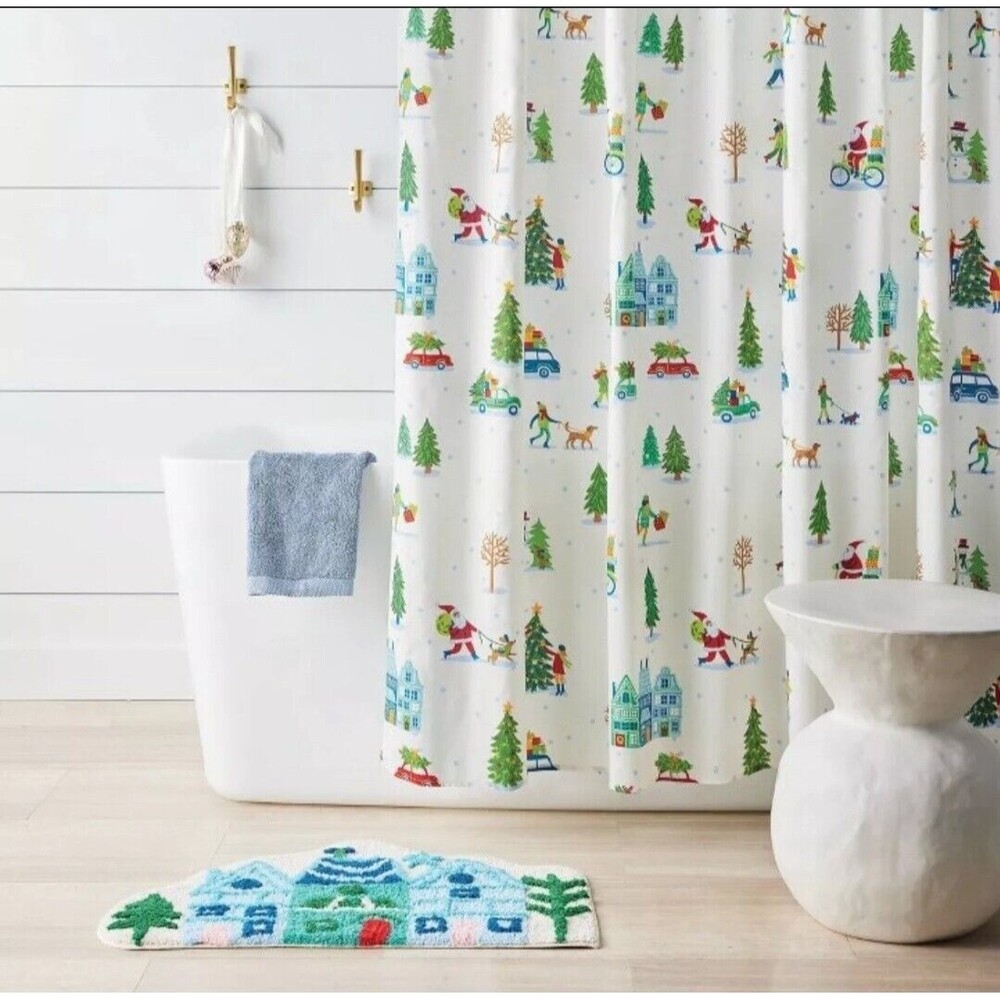Wondershop Shower Curtain Christmas Winter Village Santa Buttonhole Top NEW